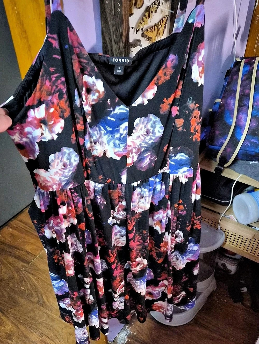 Torrid Midi High-Neck Tie-Back Dress (Pop Watercolor Floral Deep Black) Floral